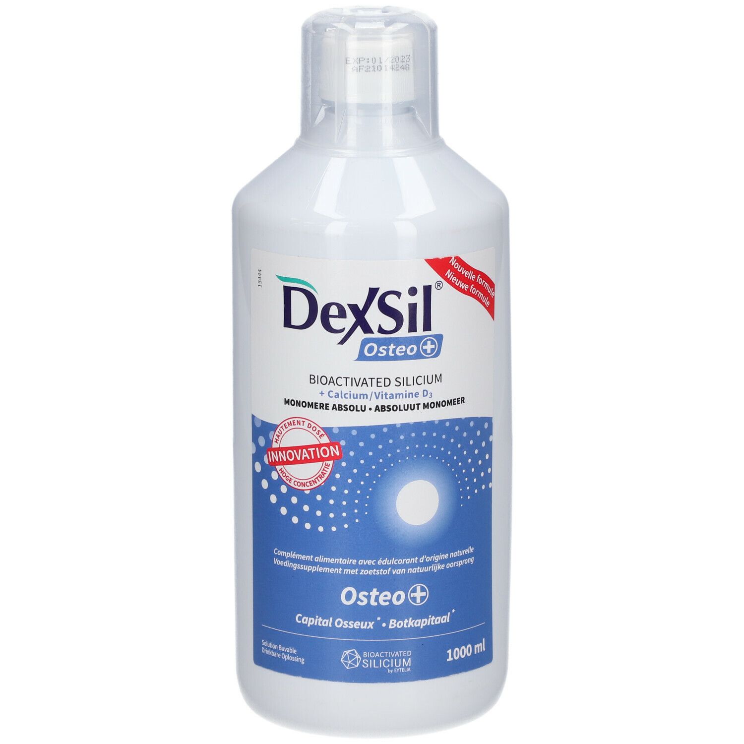Bouteille blanche DeXSil Osteo+ avec autocollant rouge. Inscriptions: Osteo+, 1000 ml. Silicium bioactivé.