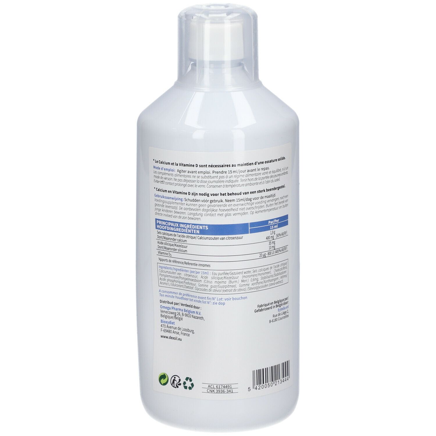 Dos de la bouteille blanche DeXSil Osteo+. Texte avec ingrédients et informations nutritionnelles. Informations fabricant.