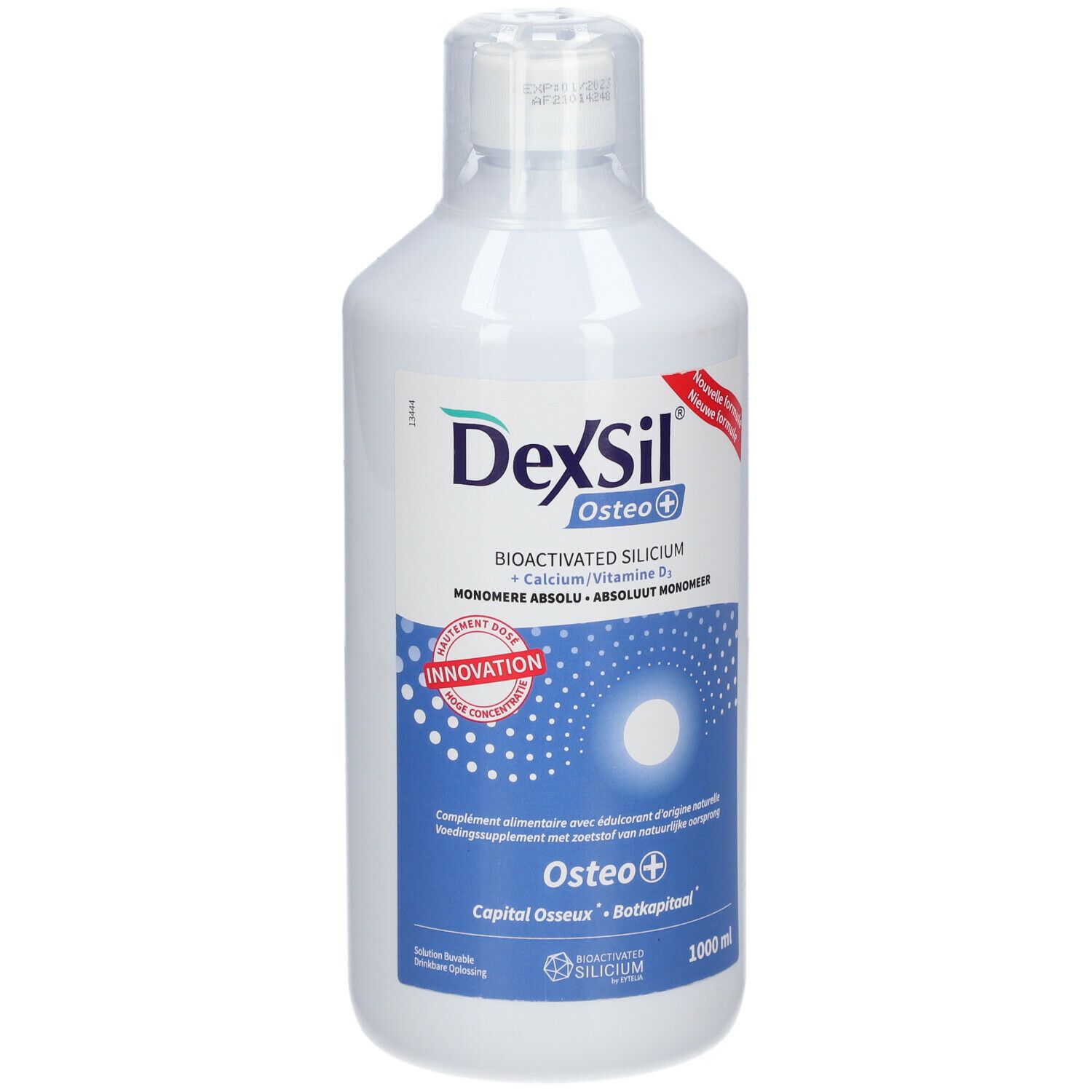 Bouteille blanche DeXSil Osteo+ avec autocollant rouge. Inscriptions: Osteo+, 1000 ml. Silicium bioactivé.