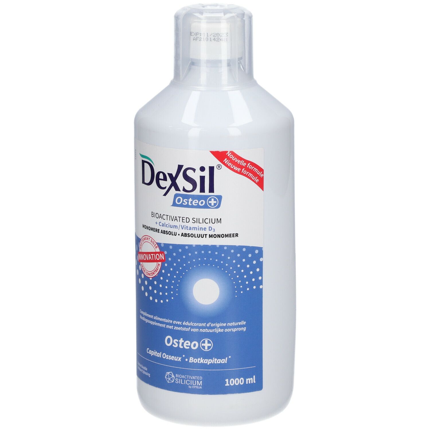 Bouteille blanche DeXSil Osteo+ avec autocollant rouge. Inscriptions: Osteo+, 1000 ml. Silicium bioactivé.