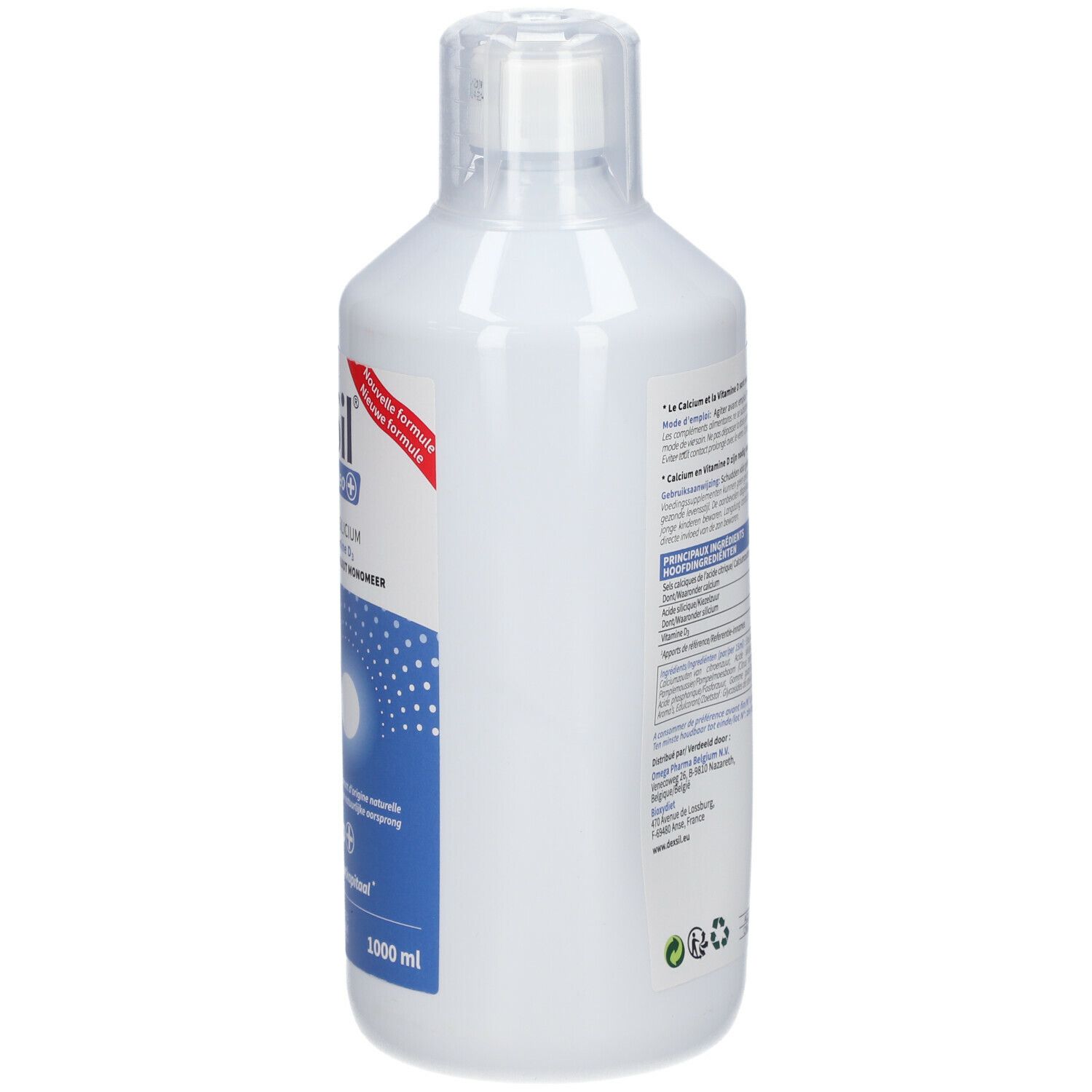 Dos de la bouteille blanche DeXSil Osteo+. Texte avec ingrédients et informations nutritionnelles. Informations fabricant.