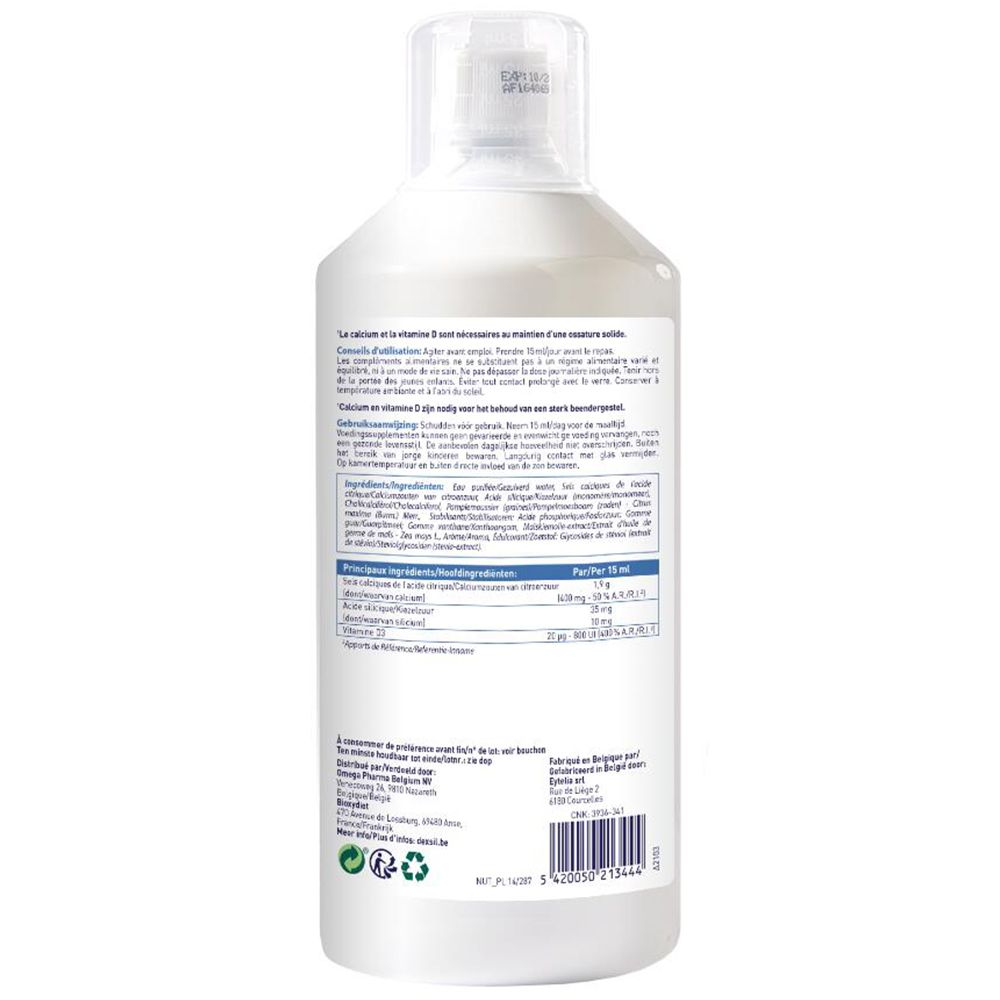 Dos de la bouteille blanche DeXSil Osteo+. Texte avec ingrédients et informations nutritionnelles. Informations fabricant.