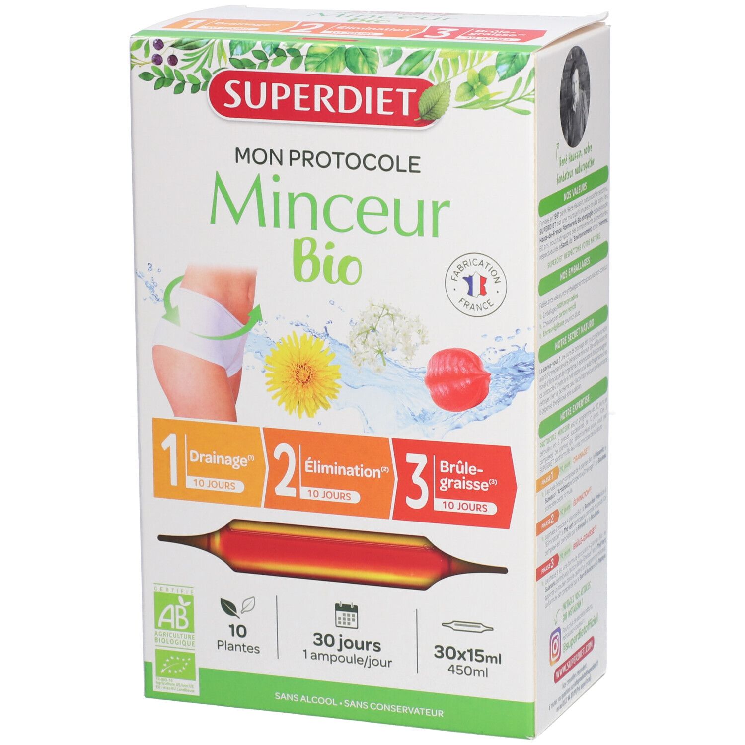 Verpackung von PROTOKOLL Schlankheitskur BIO. Zeigt Ampullen-Darstellung. Logo und Produktbezeichnungen.
