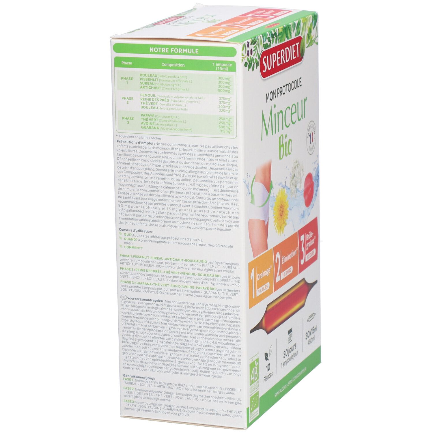 Rückseite der Verpackung von PROTOKOLL Schlankheitskur BIO. Textliche Informationen und Inhaltsstoffe.