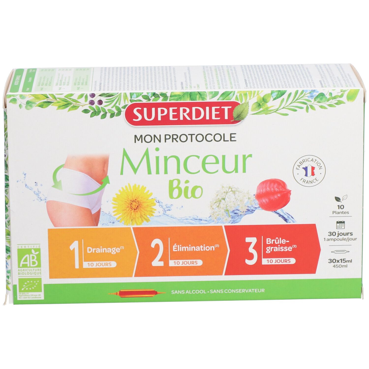 Verpackung von PROTOKOLL Schlankheitskur BIO. Logo, Produktbezeichnungen und Ampullen-Darstellung.