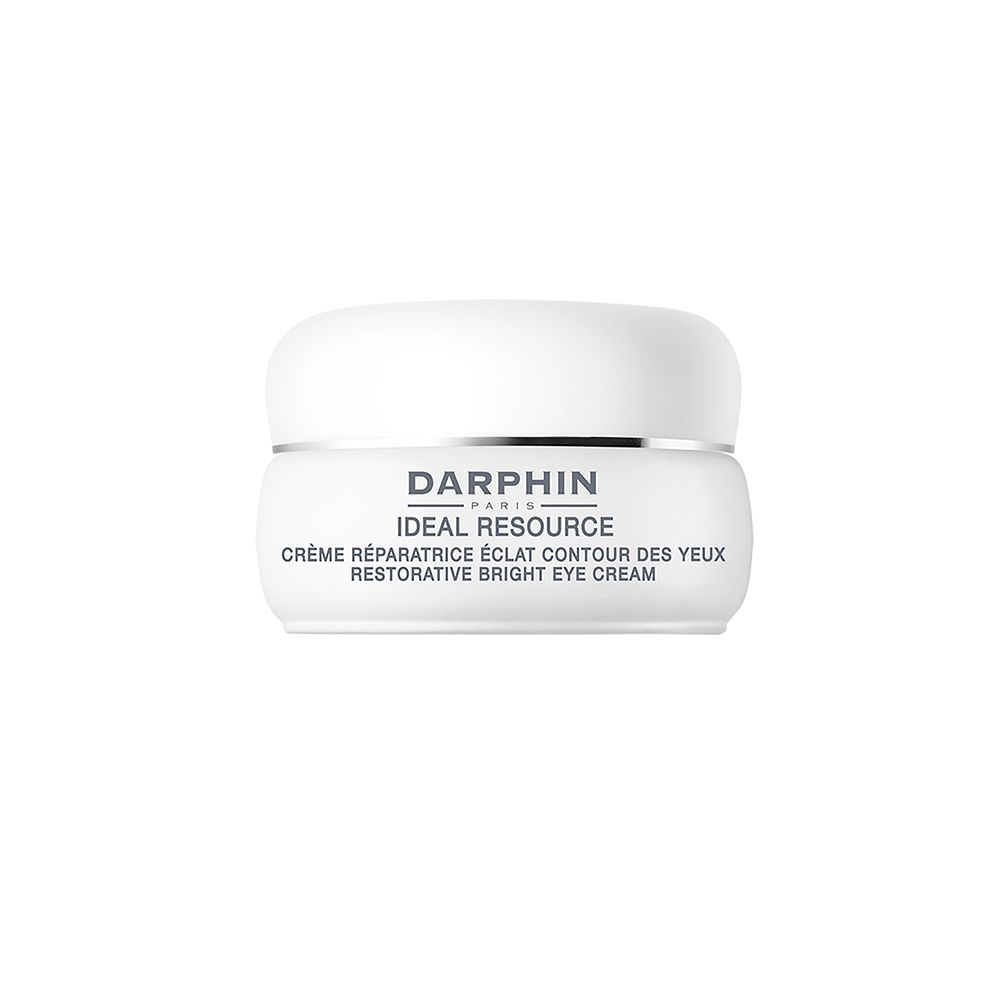 Pot blanc avec texte. Darphin Ideal Resource crème pour les yeux. Couvercle avec logo.