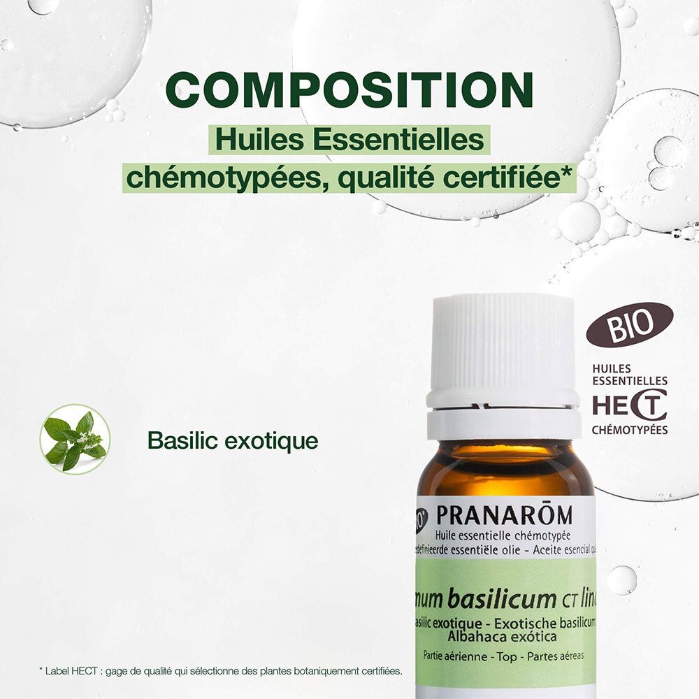 Zusammensetzung: Chemotypisierte ätherische Öle, zertifizierte Qualität. Basilikum exotique. Bio.