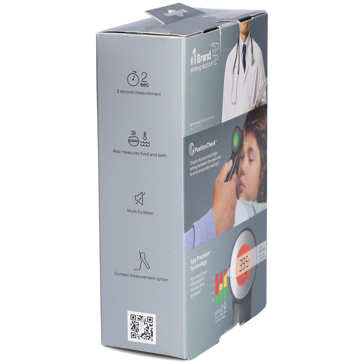 Côté de la boîte du thermomètre. Informations sur les fonctions, comme la mesure en 2 secondes et PositionCheck.