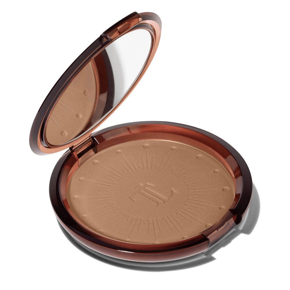 Poudre de soleil T. LeClerc. Poudrier brun ouvert. Miroir et poudre avec motif.