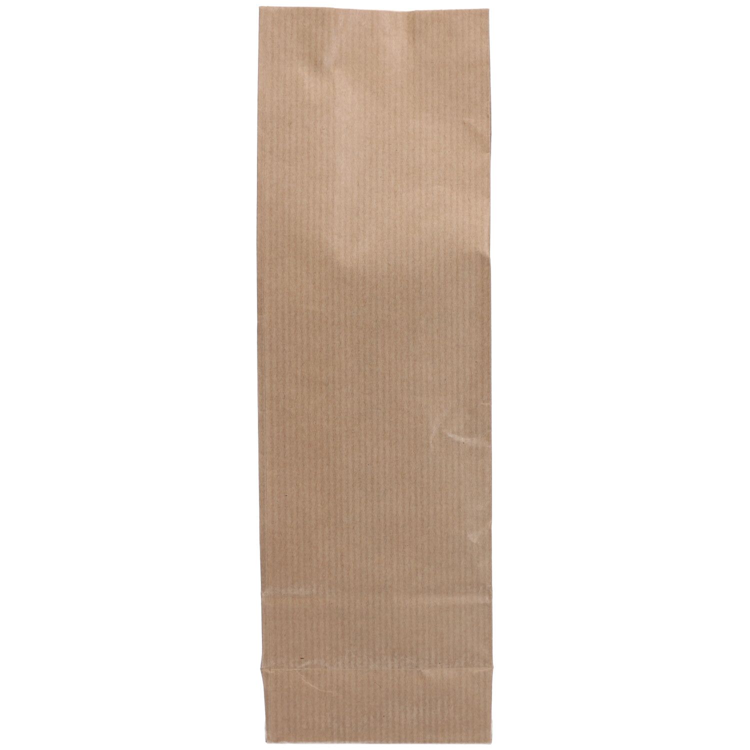 Sachet en papier brun, allongé, avec des rayures verticales. Fermé, sans contenu visible.