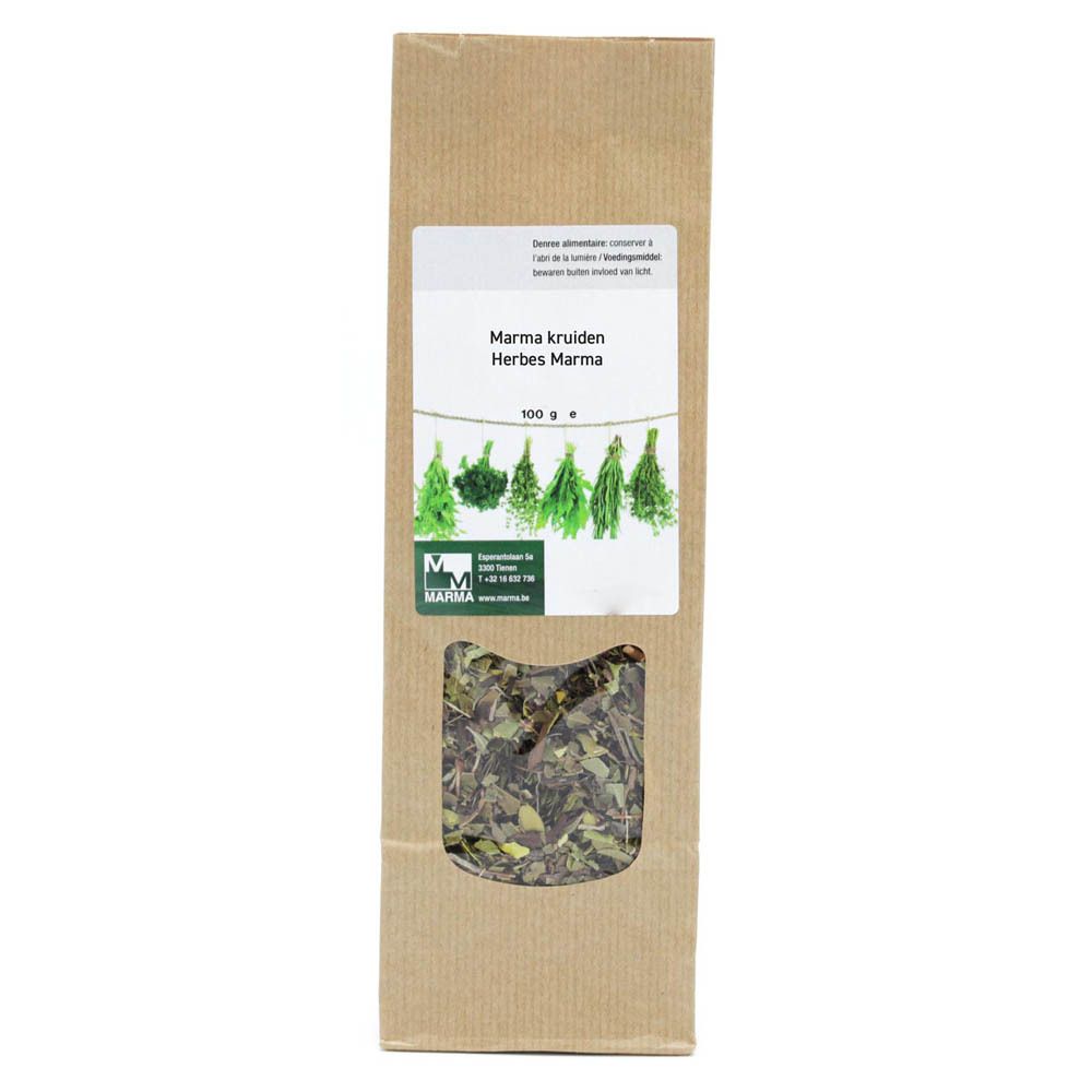 Sachet en papier brun avec fenêtre. Inscriptions : "Marma kruiden", illustrations d'herbes, "Herbes Marma".