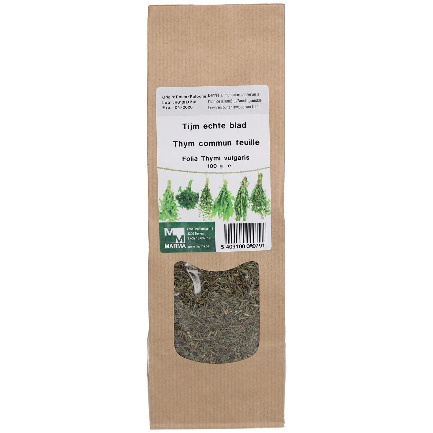 Sachet en papier brun avec fenêtre. Inscriptions : "Tijm echte blad", "Thym commun feuille", "Folia Thym vulgaris".