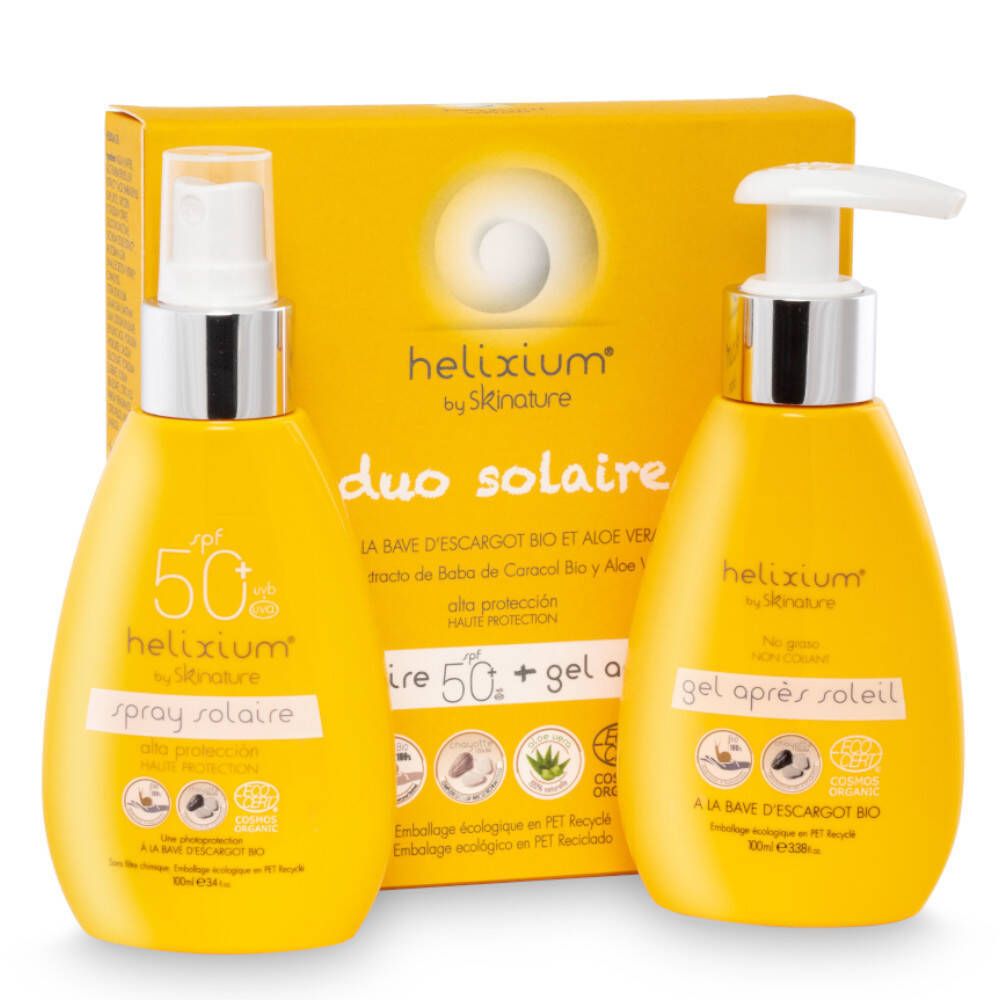 Twee gele flessen met spray en pomp, en een gele verpakking. Opschrift: Helixium, duo solaire, SPF 50+.