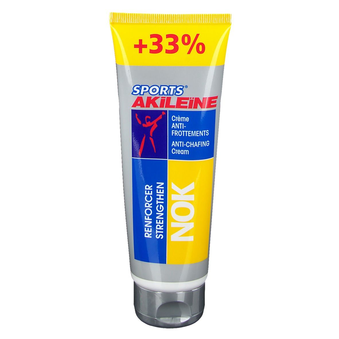 Creme-Tube mit gelbem Deckel, blau-weißem Etikett. Aufschrift: SPORTS AKILEINE, NOK. Enthält +33%.
