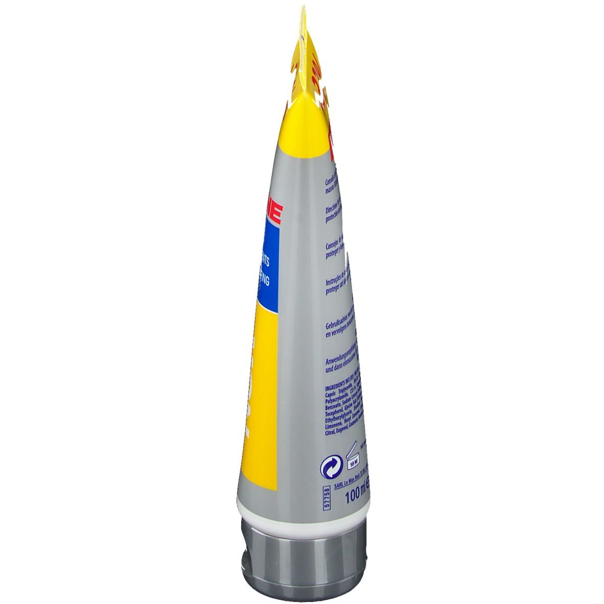 Grau-gelbe Tube, Seitenansicht. Aufschrift und Informationen. Unten: silberner Verschluss. 100 ml.