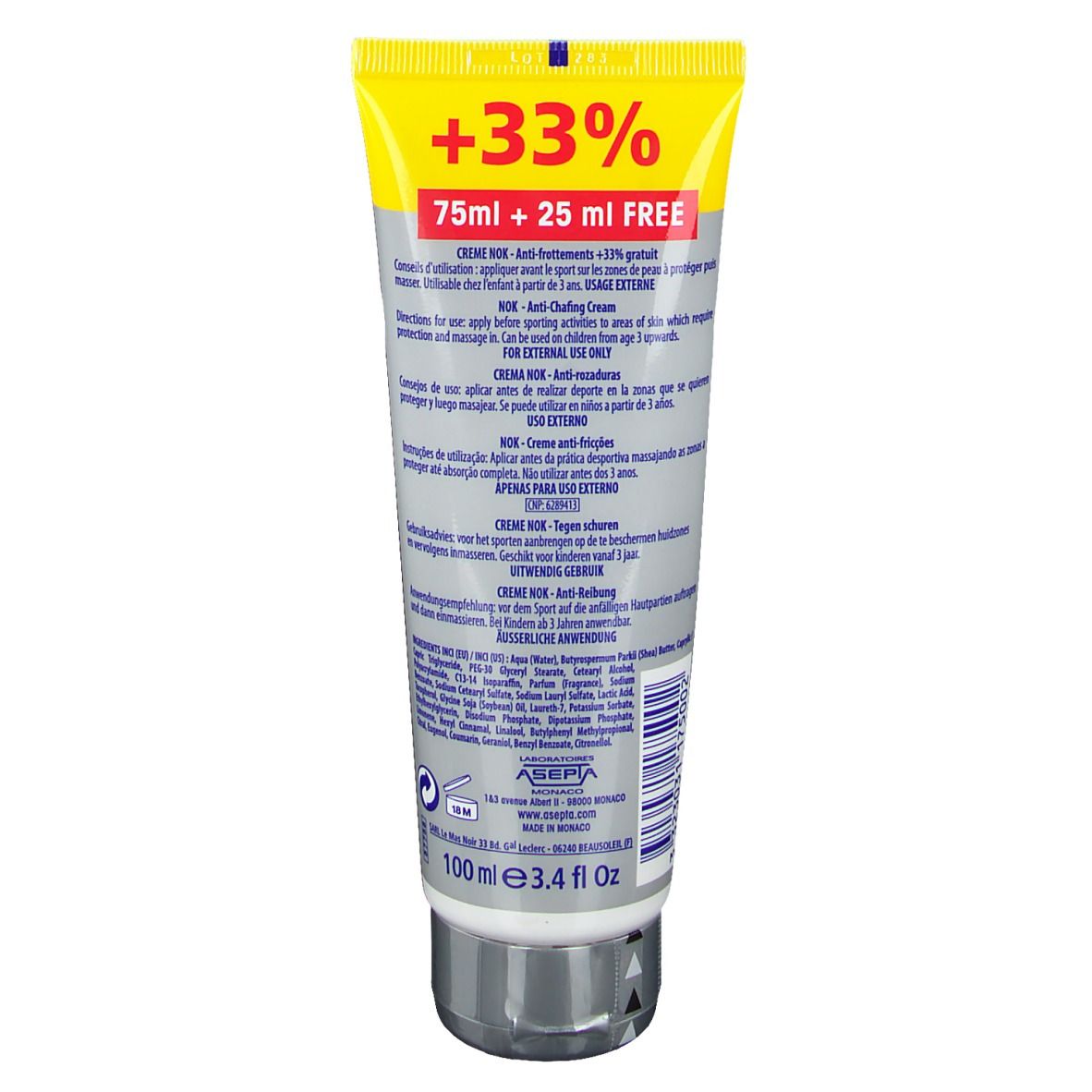 Rückseite der Creme-Tube. Text in mehreren Sprachen. Enthält 75ml + 25ml gratis. 100 ml. Marke ASEPTA.
