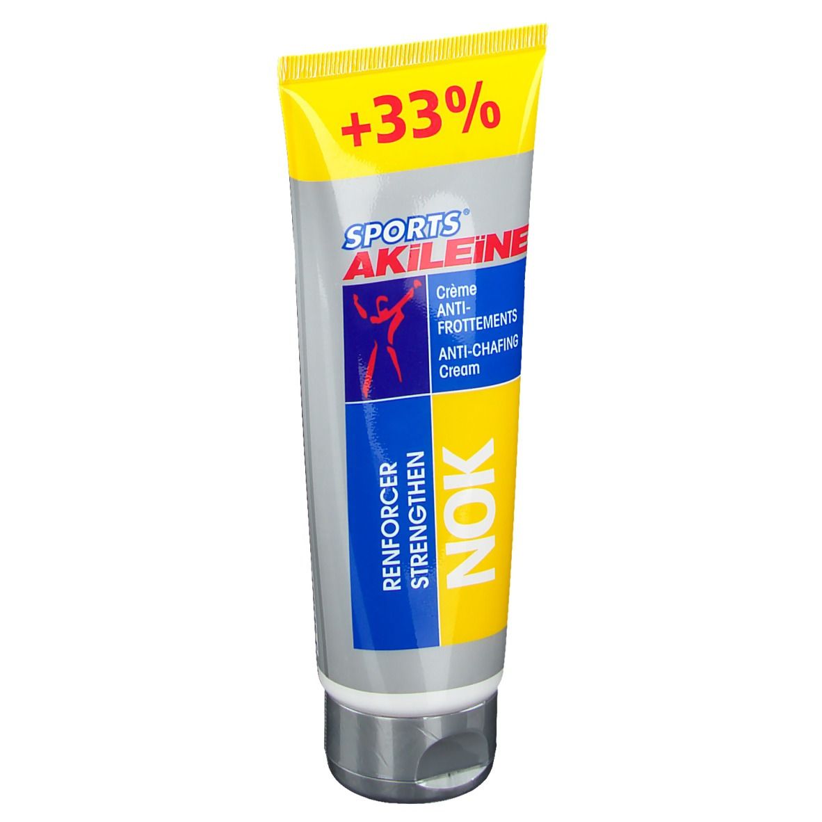 Creme-Tube mit gelbem Deckel, blau-weißem Etikett. Aufschrift: SPORTS AKILEINE, NOK. Enthält +33%.