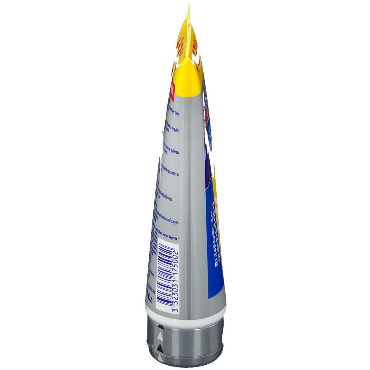 Grau-gelbe Tube, Seitenansicht. Aufschrift und Informationen. Unten: silberner Verschluss. Barcode.