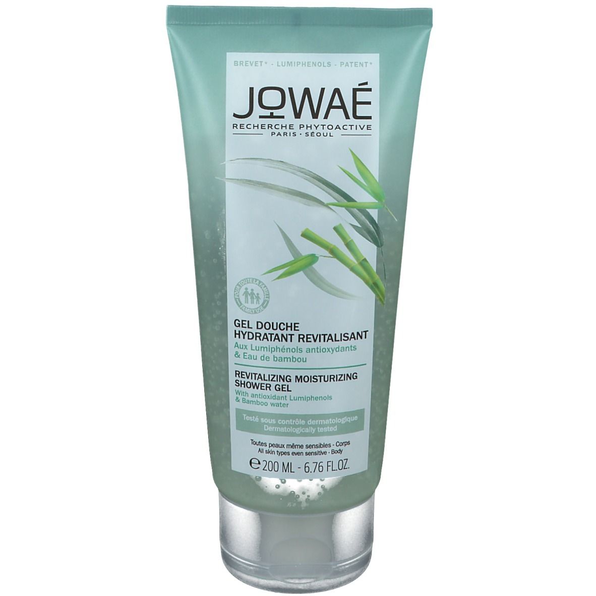 Tube vert avec texte et illustration de bambou. Texte: Gel douche hydratant revitalisant. Marque Jowaé.