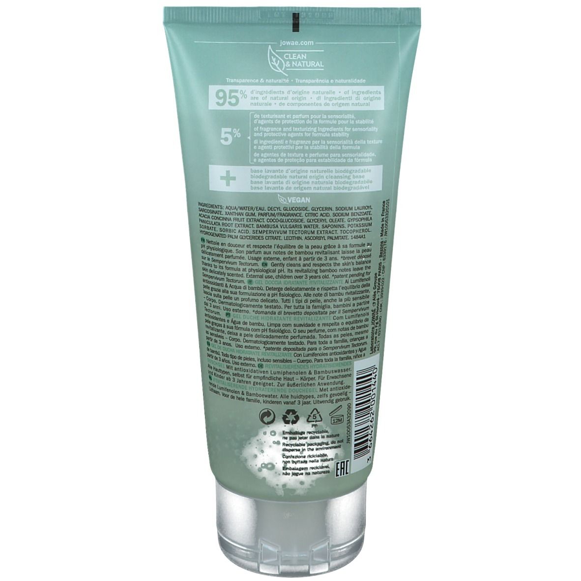 Dos d'un tube vert. Texte: Ingrédients, vegan, 95% ingrédients naturels. Marque Jowaé.
