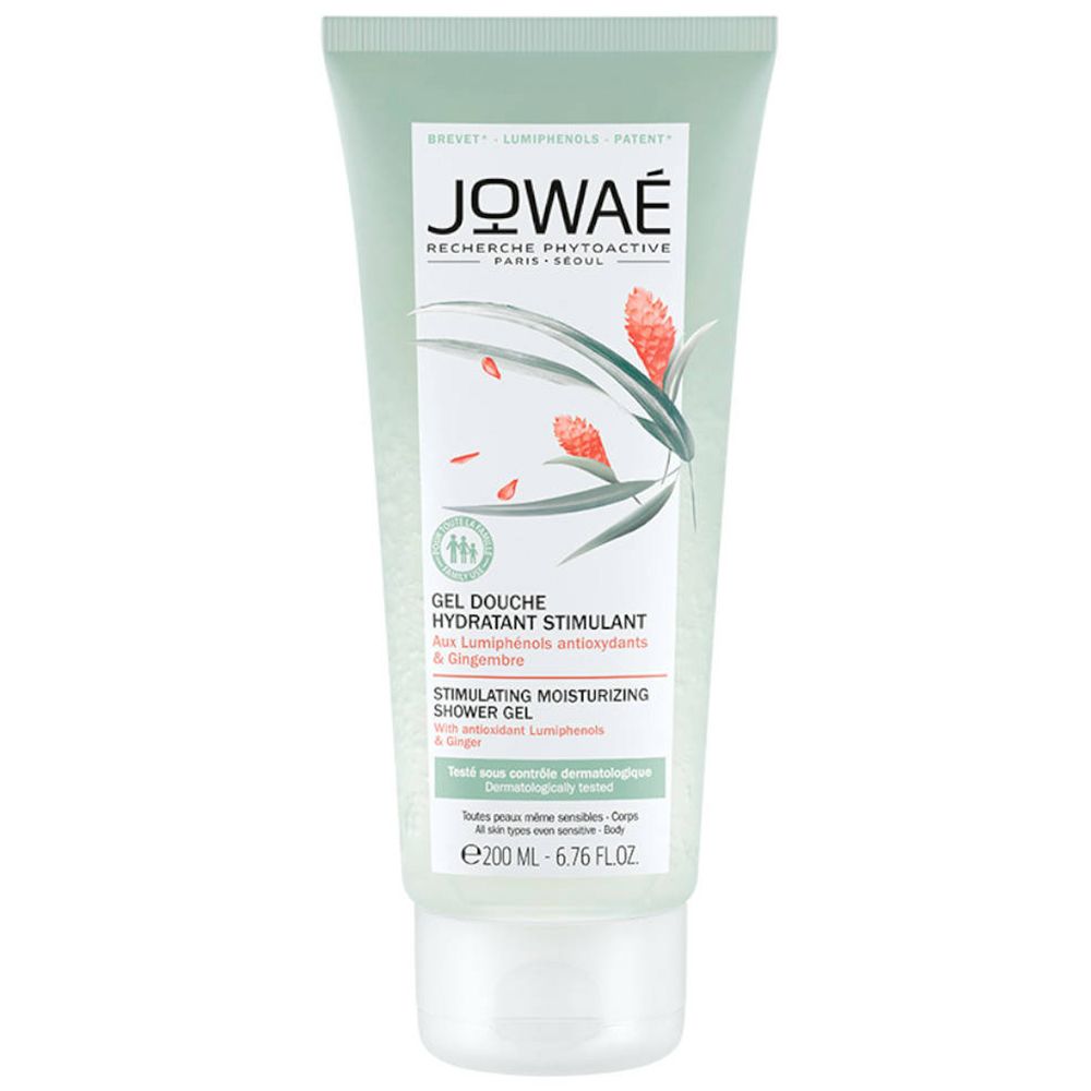 Tube de gel douche JOWAÉ vert. Texte: Gel Douche Hydratant Stimulant. Avec Lumiphénols et Gingembre. Testé dermatologiquement.