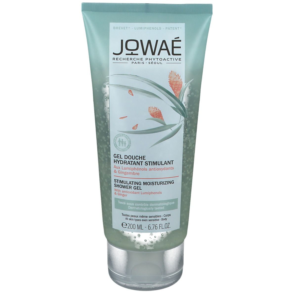 Tube de gel douche JOWAÉ vert, entouré de petites billes transparentes. Texte: Gel Douche Hydratant Stimulant. Testé dermatologiquement.