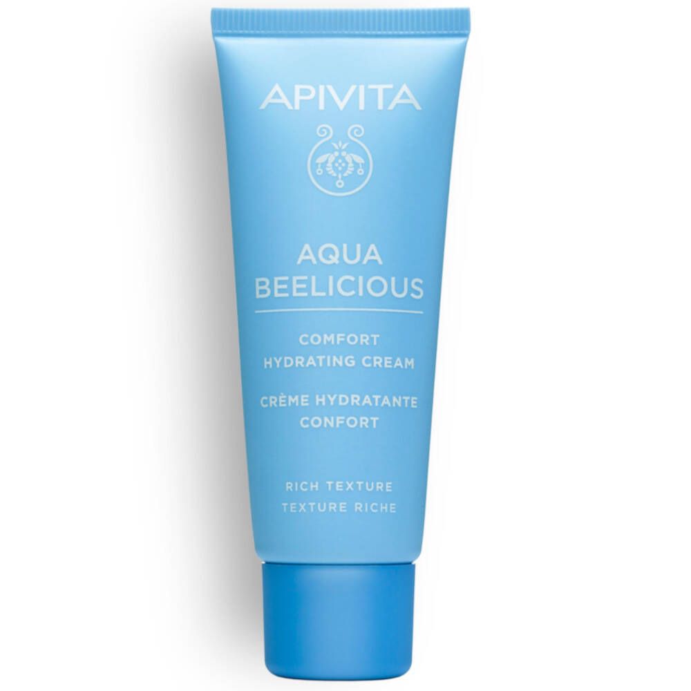 Tube bleu clair avec bouchon bleu. Inscription : APIVITA, AQUA BEELICIOUS, Comfort Hydrating Cream. Texture riche.