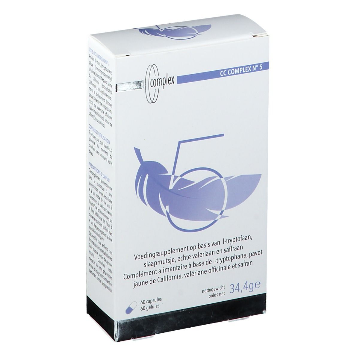 Witte doos met productinformatie en logo. Opschrift: CC COMPLEX N°5. Illustratie van een veer.