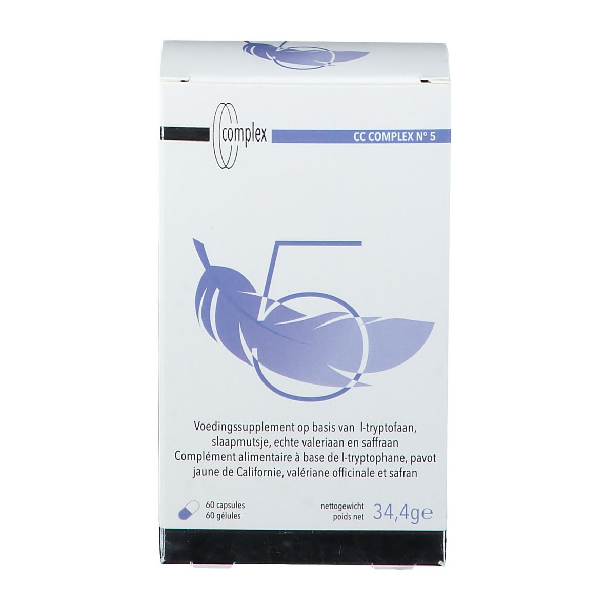 Witte doos met productinformatie en logo. Opschrift: CC COMPLEX N°5. Illustratie van een veer.