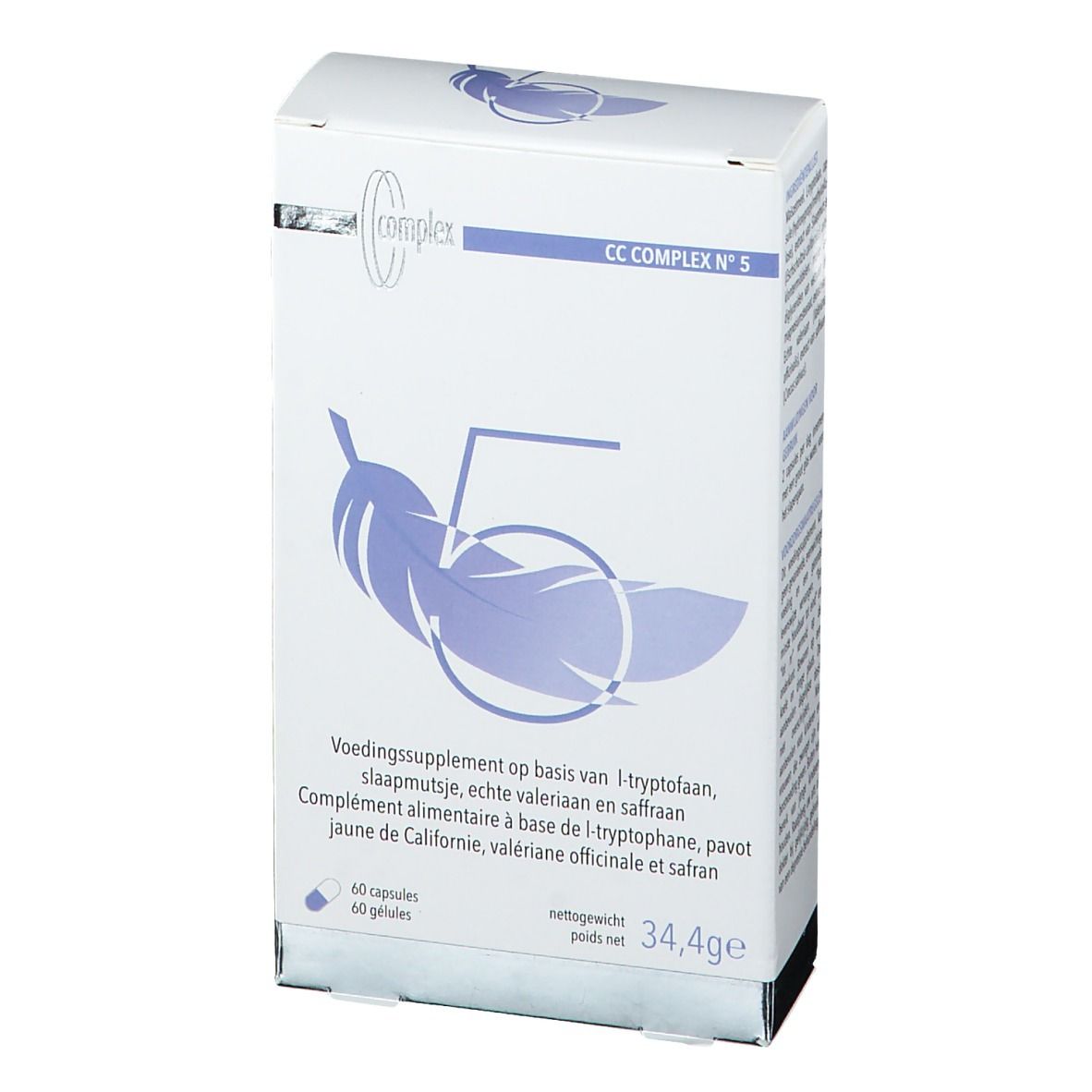 Witte doos met productinformatie en logo. Opschrift: CC COMPLEX N°5. Illustratie van een veer.