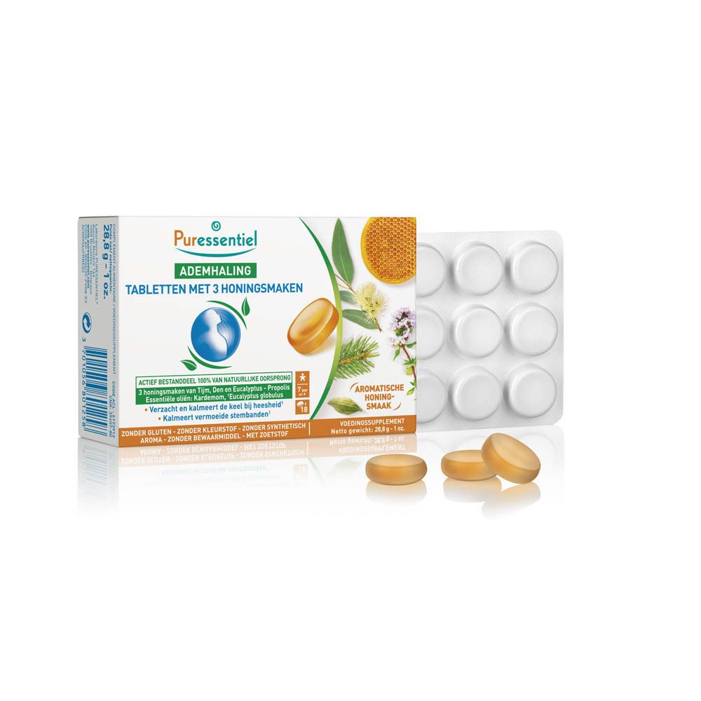 Doos en blisterverpakking met tabletten. Opschrift: Puressentiel, Ademhaling, Tabletten met 3 honingsmaken. Gele tabletten.