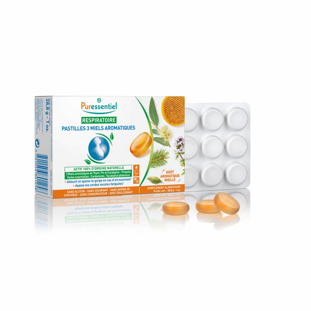 Doos met tabletten. Opschrift: Puressentiel, Respiratoire, Pastilles 3 miels aromatiques. Gele tabletten en blisterverpakking.