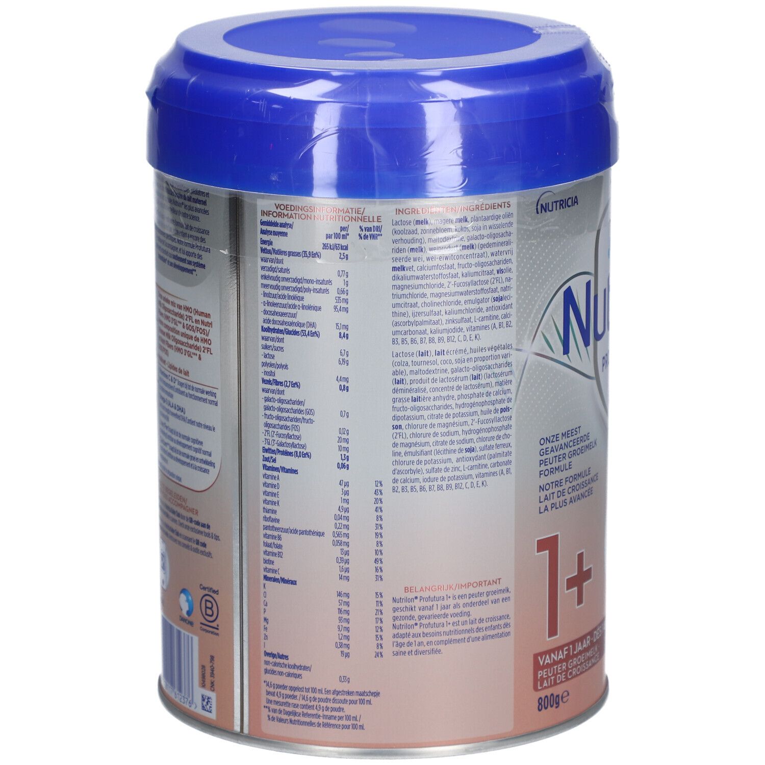 Achterkant van Nutrilon Profutura 1+ blik. Tekst met voedingswaarden en ingrediënten.