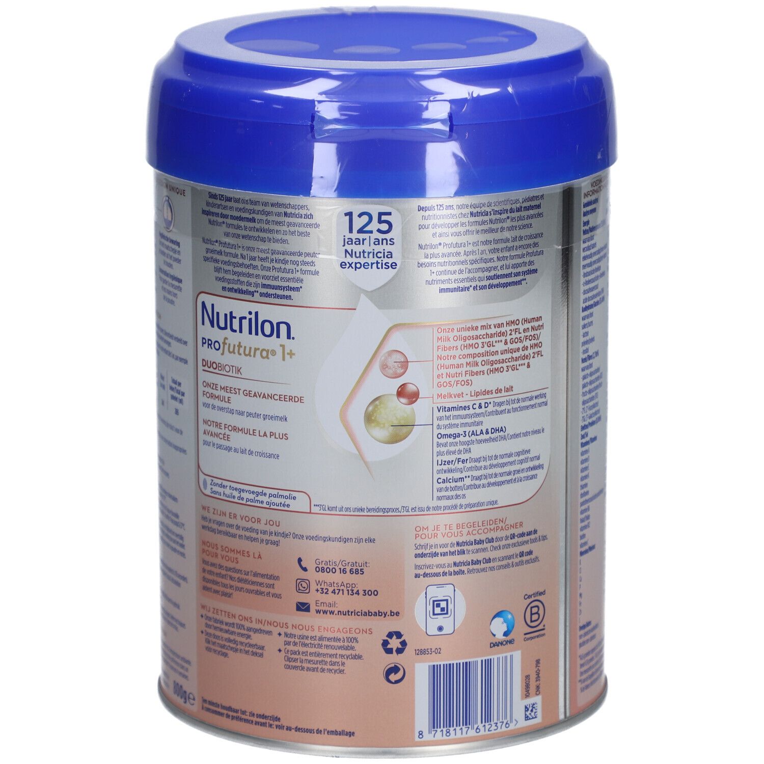 Achterkant van Nutrilon Profutura 1+ blik. Tekst, QR-code en contactgegevens.