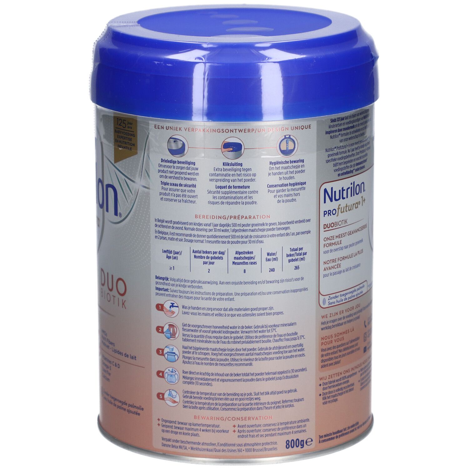 Achterkant van Nutrilon Profutura 1+ blik. Duo Biotik, 800g. Bereidingsinstructies.