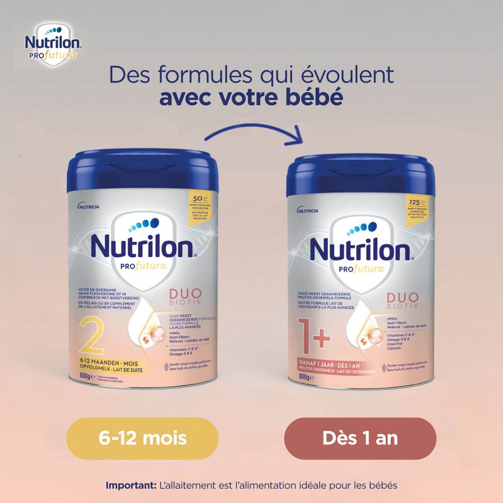 Deux boîtes Nutrilon Profutura. Duo Biotik. 1+ et 2. Pour enfants dès 6 mois.