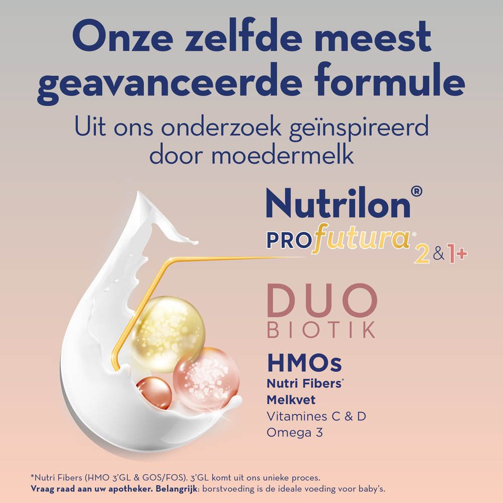 Afbeelding met melk en Nutrilon Profutura 2&1+. Duo Biotik. HMOS, lipiden, vitaminen, omega 3.