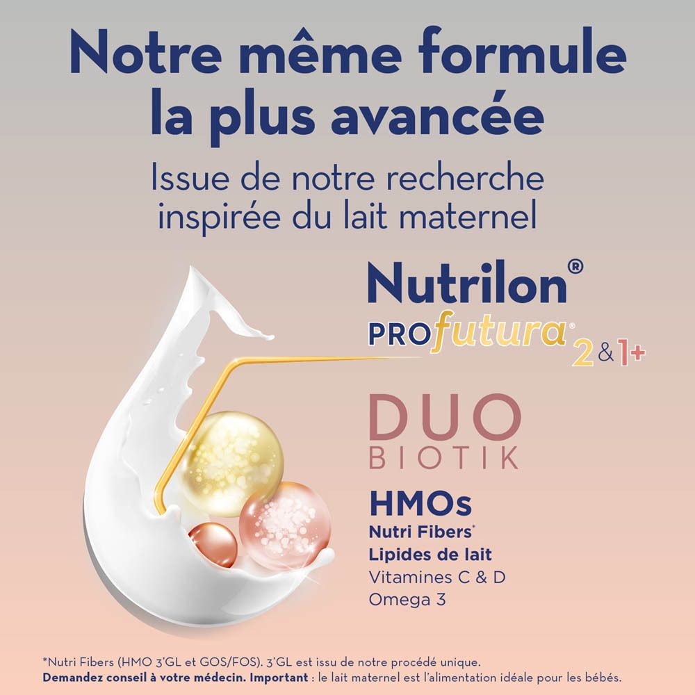 Graphique avec lait et Nutrilon Profutura 2&1+. Duo Biotik. HMOS, lipides, vitamines, oméga 3.