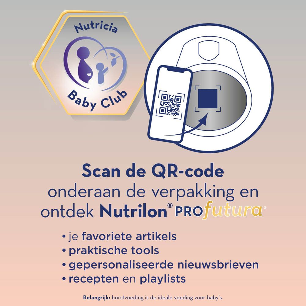 Nutrilon Profutura blik. QR-code om te scannen. Baby Club. Ontdek voordelen.