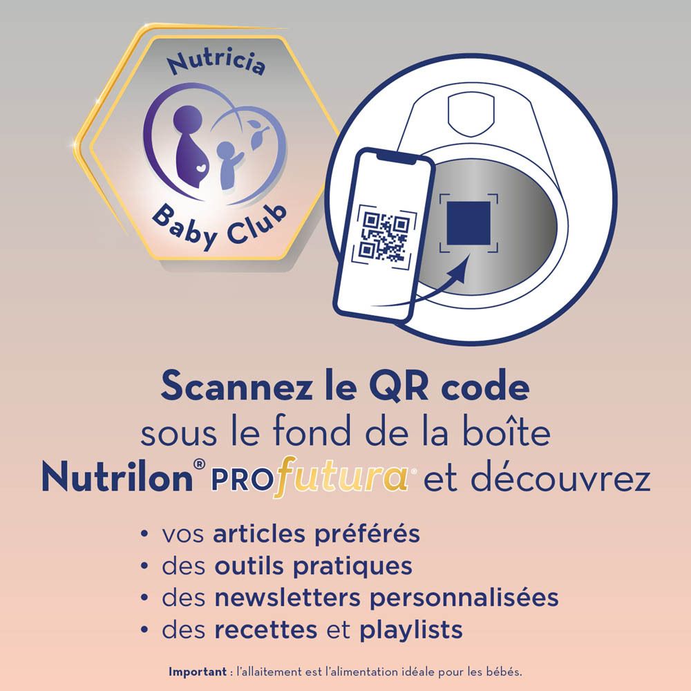 Boîte Nutrilon Profutura. Code QR à scanner. Baby Club. Découvrez les avantages.