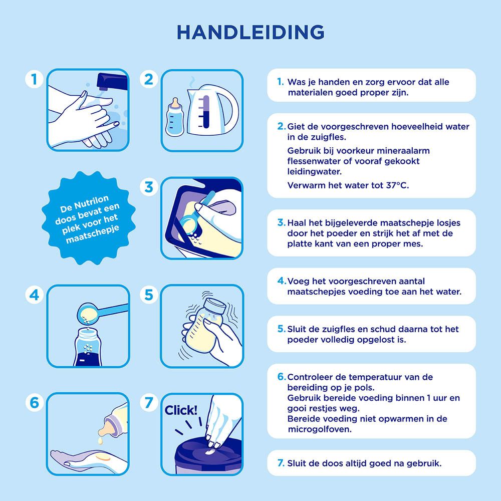 Instructies voor het bereiden van Nutrilon. 7 stappen. Handen wassen, water koken.