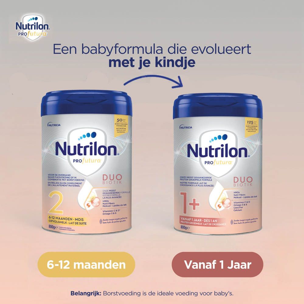 Twee Nutrilon Profutura blikken. Duo Biotik. 1+ en 2. Voor kinderen vanaf 6 maanden.