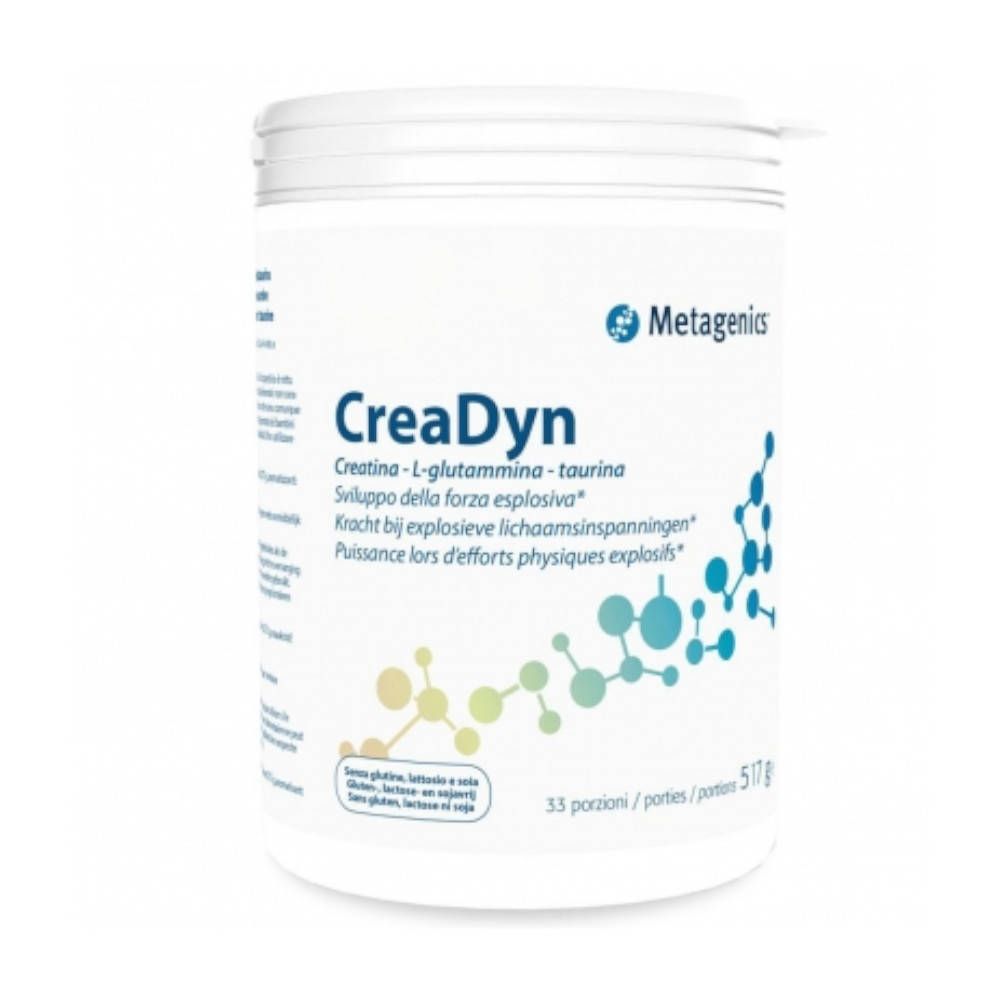 Pot blanc CreaDyn Metagenics. Contient créatine, L-glutamine et taurine. 517g. 33 portions.
