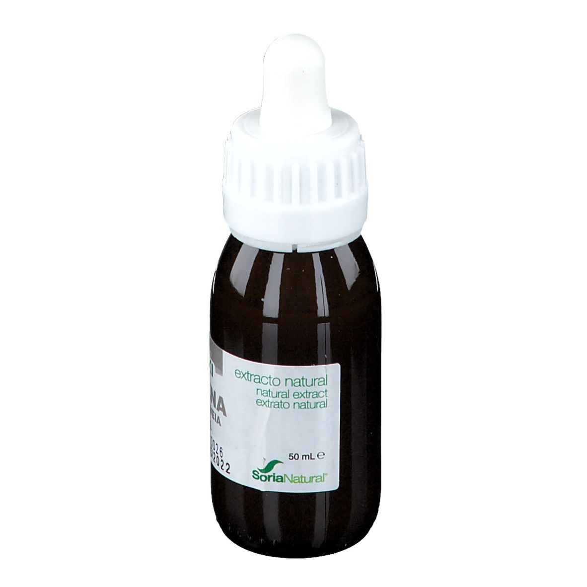 Flacon en verre brun avec bouchon blanc et pipette. Étiquette avec texte: Extracto natural, 50 ml et logo SoriaNatural.