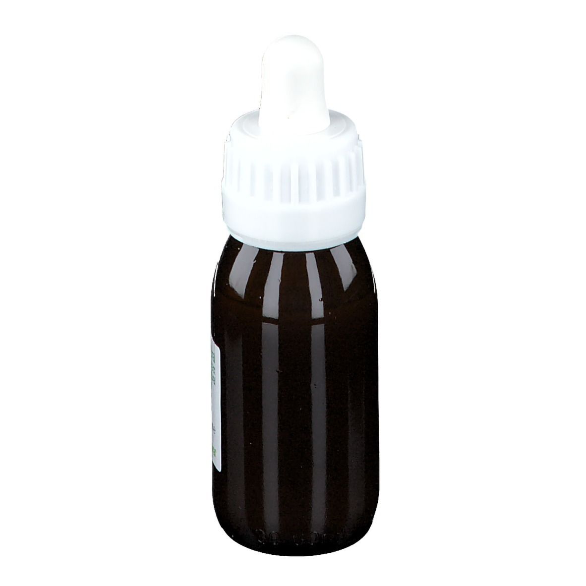 Flacon en verre brun avec bouchon blanc et pipette. Aucun autre détail visible.