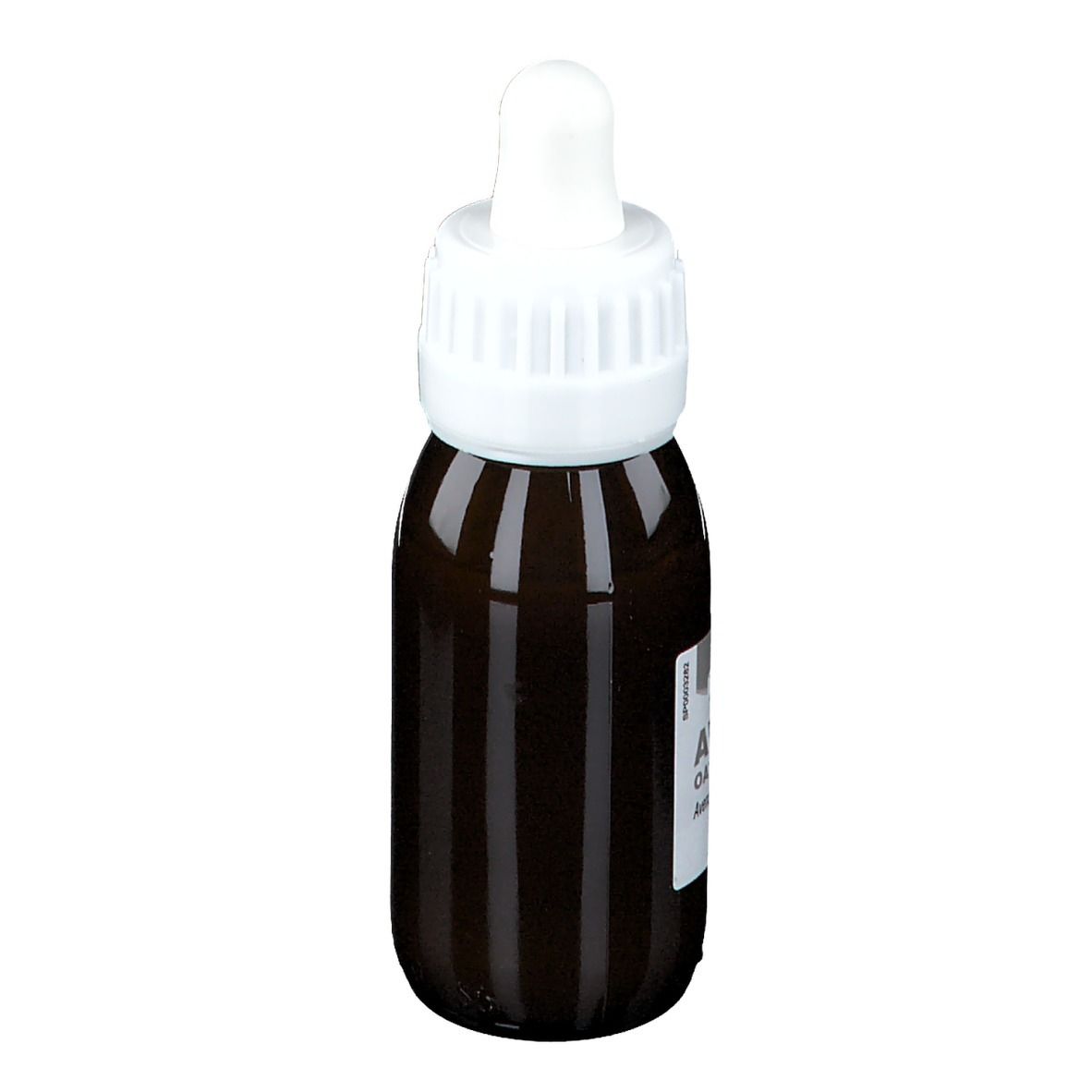 Flacon en verre brun avec bouchon blanc et pipette. Aucun autre détail visible.