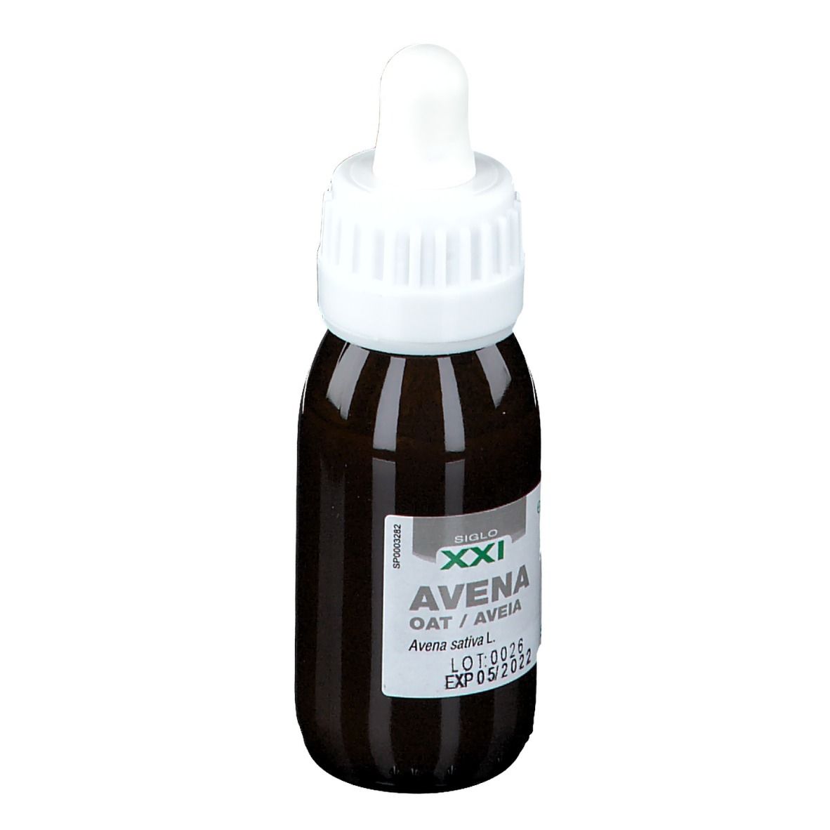 Flacon en verre brun avec bouchon blanc et pipette. Étiquette avec texte: Avena, Oat/Aveia, Avena sativa L. et autres informations.