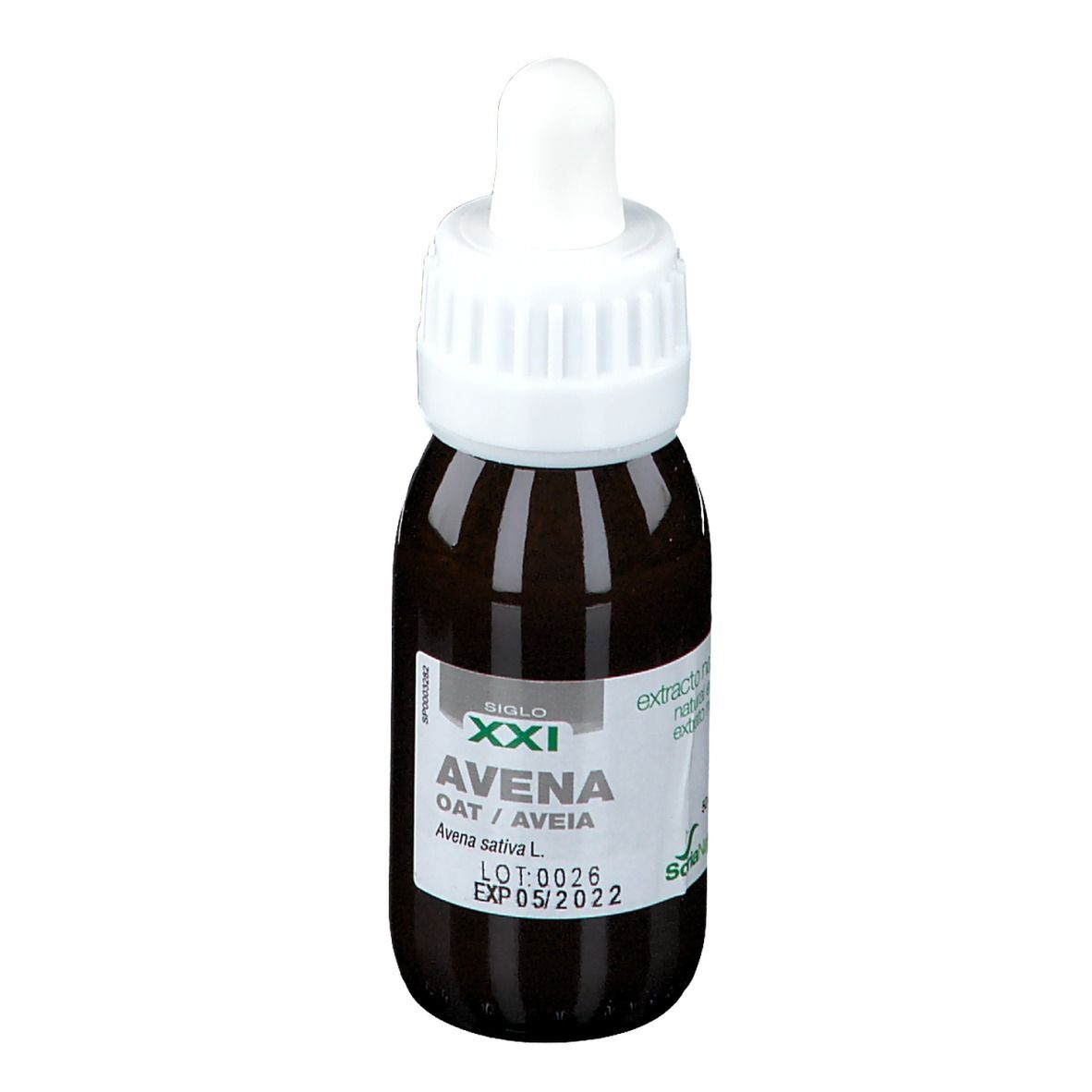 Flacon en verre brun avec bouchon blanc et pipette. Étiquette avec texte: Avena, Oat/Aveia, Avena sativa L. et autres informations.