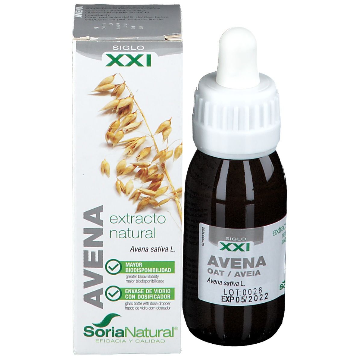 Emballage et flacon. Boîte blanche avec texte: Avena, extracto natural, Avena sativa L. et un flacon avec pipette.