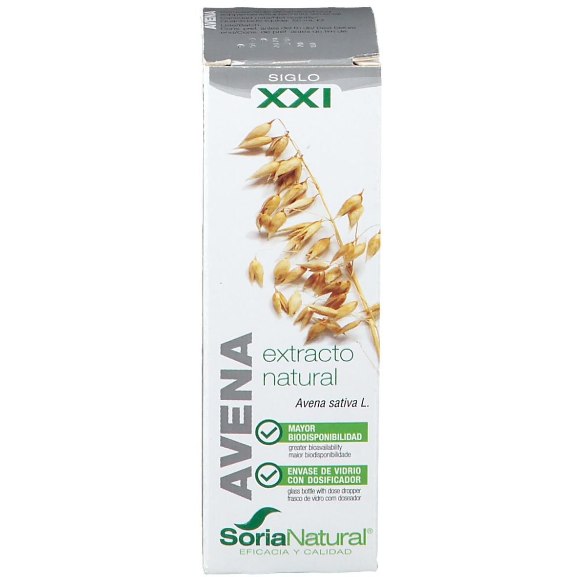 Emballage blanc avec texte: Avena, extracto natural, Avena sativa L. et logo SoriaNatural.